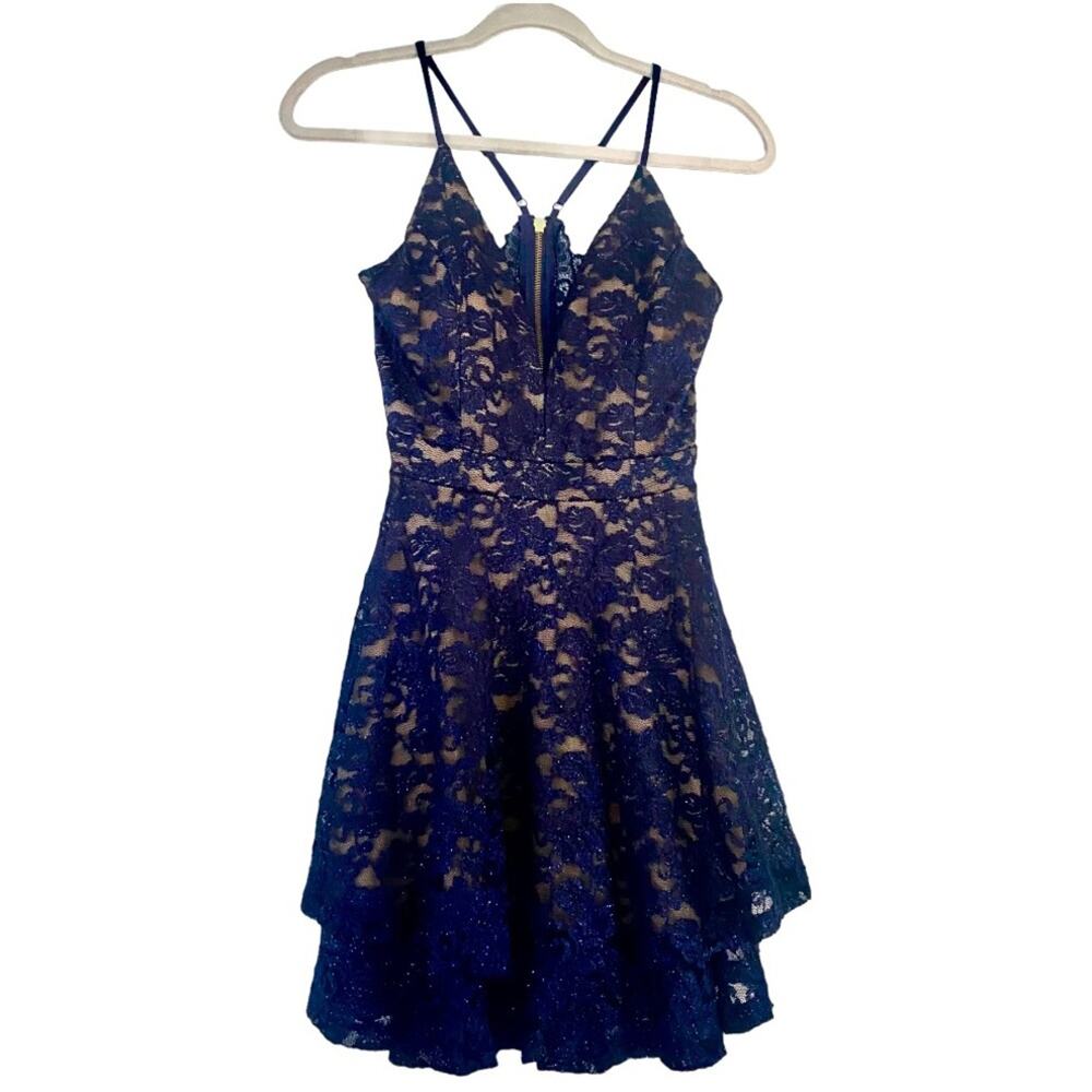 Juniors- Blue glitter lace dress size M Low Cut Flirty Open Back Short Cocktail